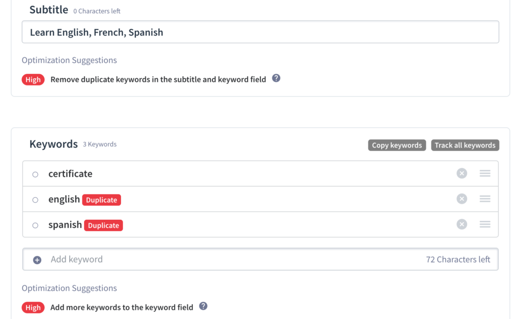 A screenshot taken from App Radar's platform, showing the keyword file and keywords marked as duplicates. App Radar gives tips & additional tools while editing the product's page to avoid mistakes and duplicates.