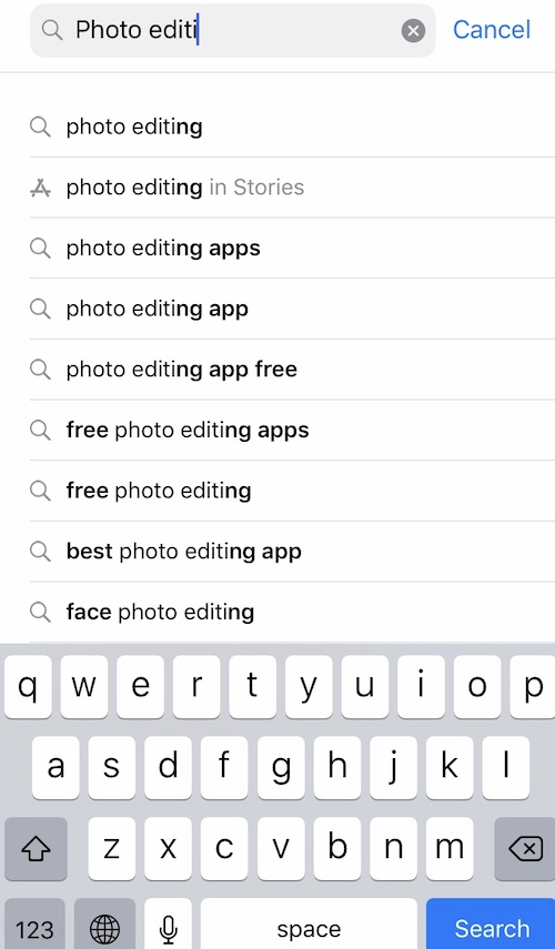 Auto-suggested app keywords in the App Store for the search term photo editing