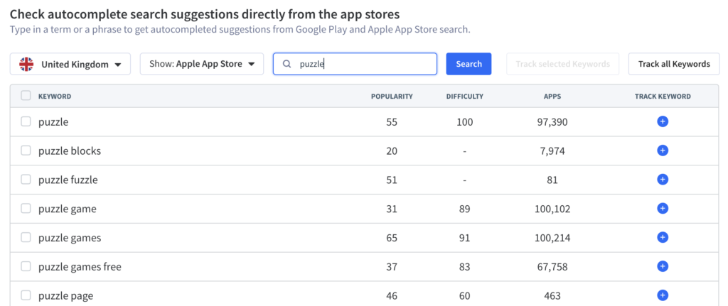 Get autocomplete suggestions from Google Play and Apple App Store in App Radar's App Store Optimization Tool
