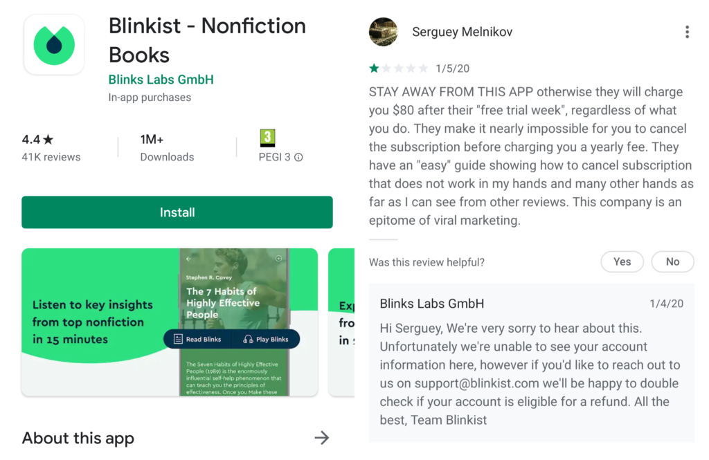 Blinkist offers a way for the user to get a refund on their in-app subscription