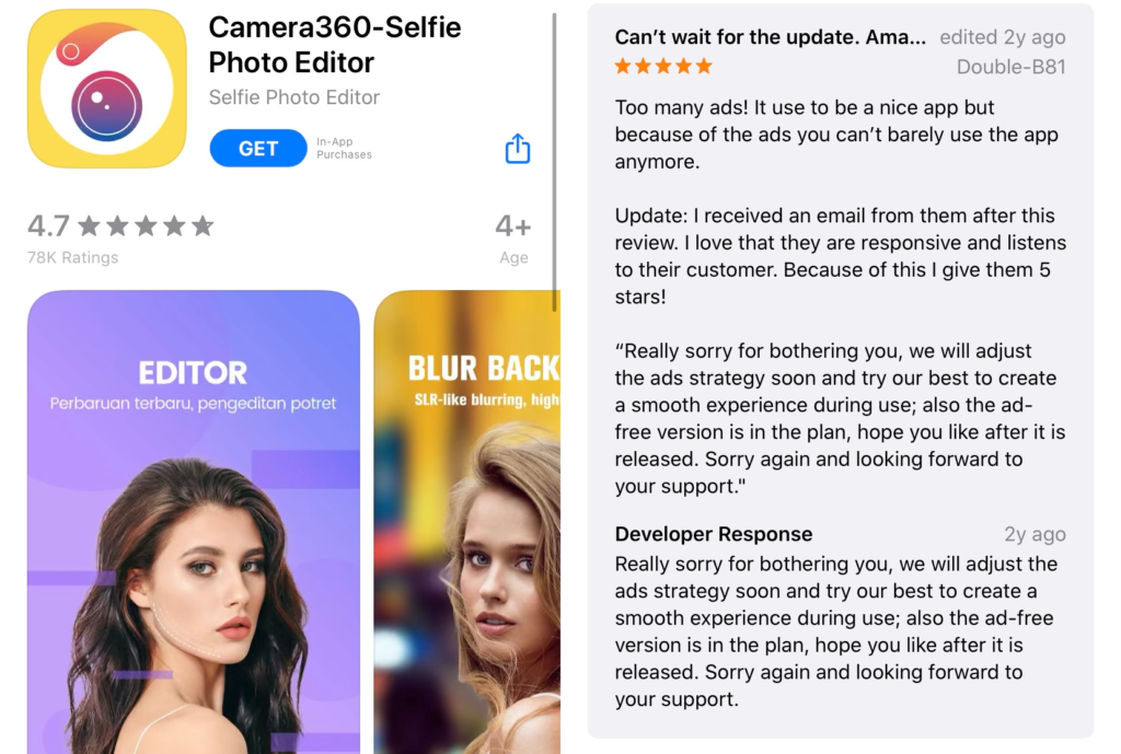 Camera360 was able to change a low rating to a high one purely by responding to the app user review