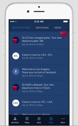 Delta Mobile App pushing informative push notifications as a mobile marketing strategy 