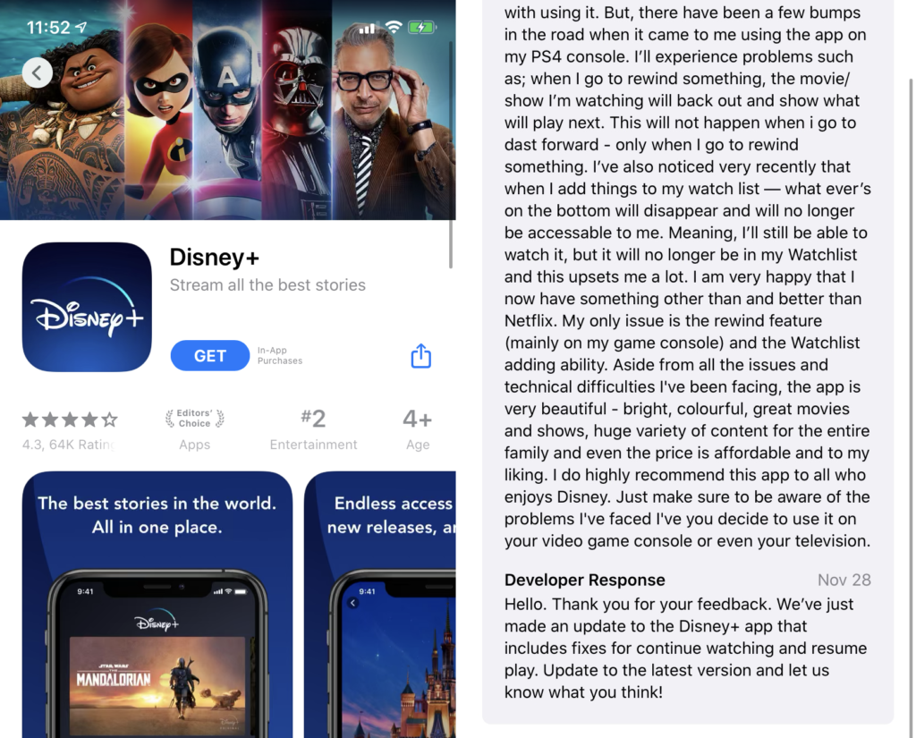 Disney Plus replies to their app user reviews lets their users know that a new update which fixes UX problems has been released 