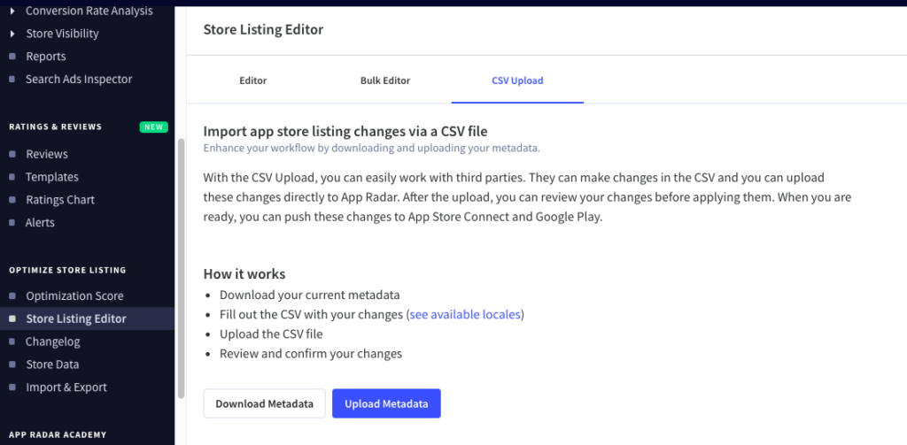 Edit app information in App Radar and push changes to Google Play and App Store Connect