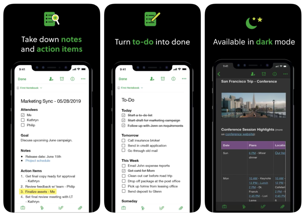 Evernote's iOS app screenshots are easy-to-read and show off unique features including Dark Mode