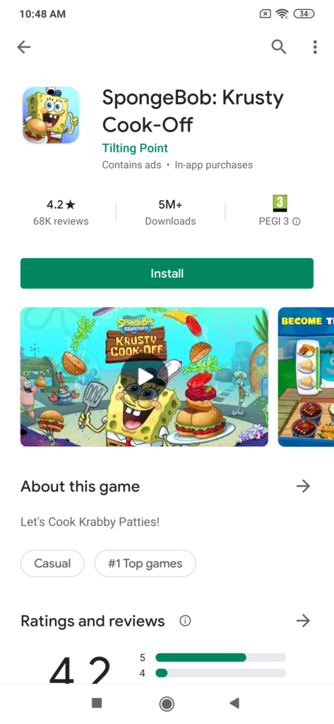 The SpongeBob games uses a promo video to convince more Google Play visitors to download their mobile game