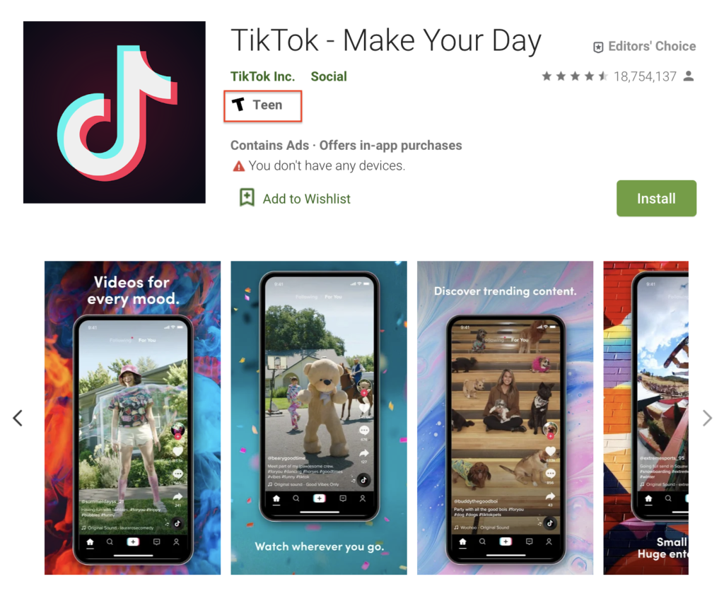 Content rating for Tik Tok on Google Play. Fill out the rating questionnaire when you submit apps to Google Play for distribution