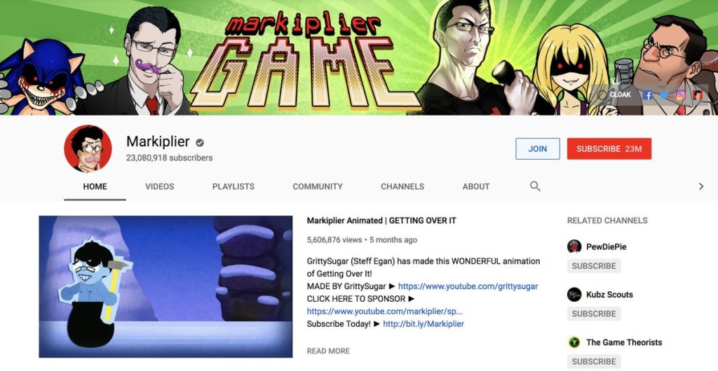Markiplier's account on Youtube. He is a good candidate for influencer marketing if you want to target a large male audience or want to promote a mobile game 