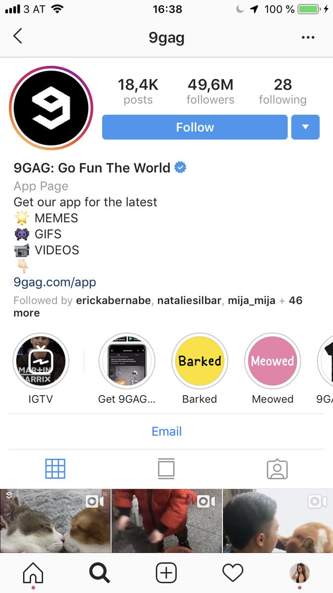 A screenshot of an Instagram Profiles of social media influencer 9gag. 9gag is a large reposting publication but would be a good candidate for influencer marketing for hypercasual games or lifestyle apps