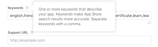 iOS keyword field shown in App Store Connect