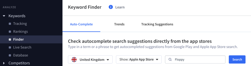 The new Keyword Finder tab in App Radar's App Store Optimization Tool