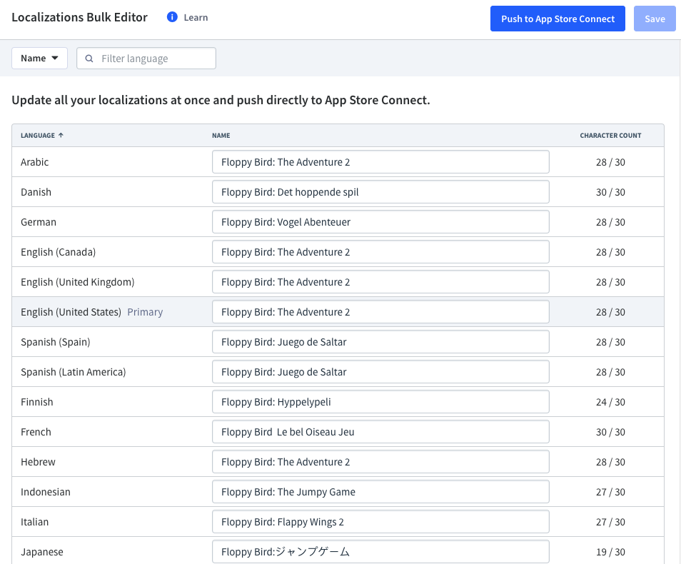 App Radar Localizations Bulk Editor makes App Store Optimization updates extremely quick and easy