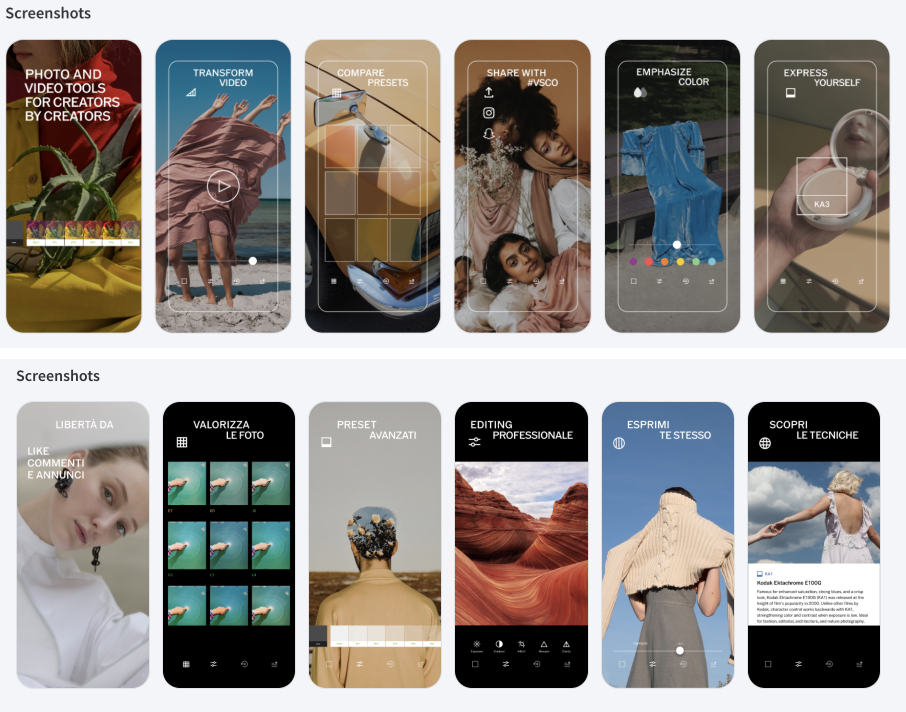 VSCO goes beyond translating when they localize for new markets. They also change the imagery in their screenshots to appeal to different geo-markets
