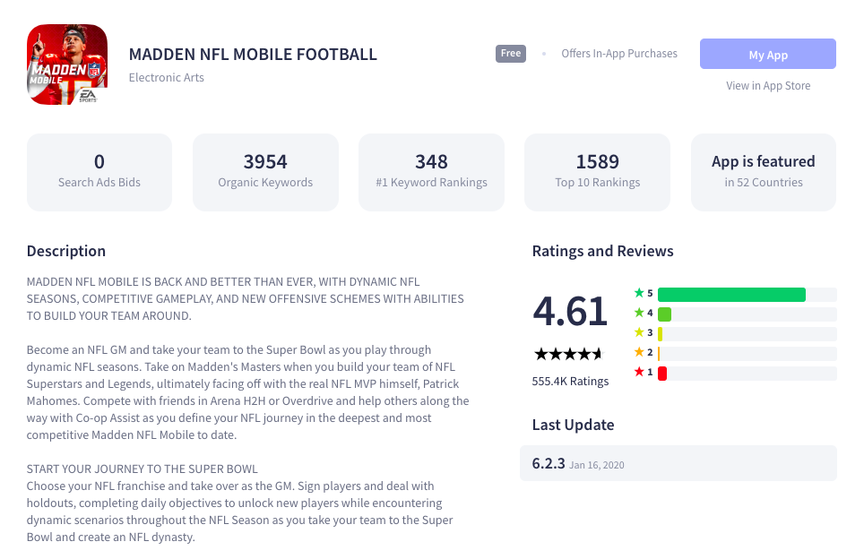 Madden NFL Mobile Football App Detail View
