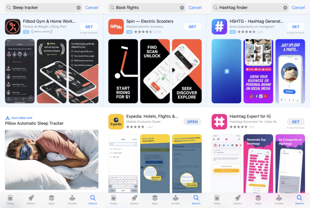Examples of organic search on the App Store. People find apps using keywords. 