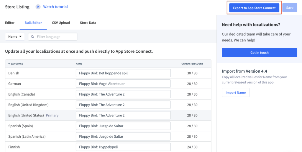 Make change to your localized app store listing in App Radar and publish updates to App Store Connect and Google Play Console 