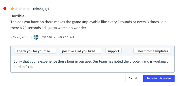 Use reply templates to quicken up the process of replying to App Store reviews in App Radar 