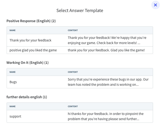 Use templates to reply to reviews you receive in App Store. 