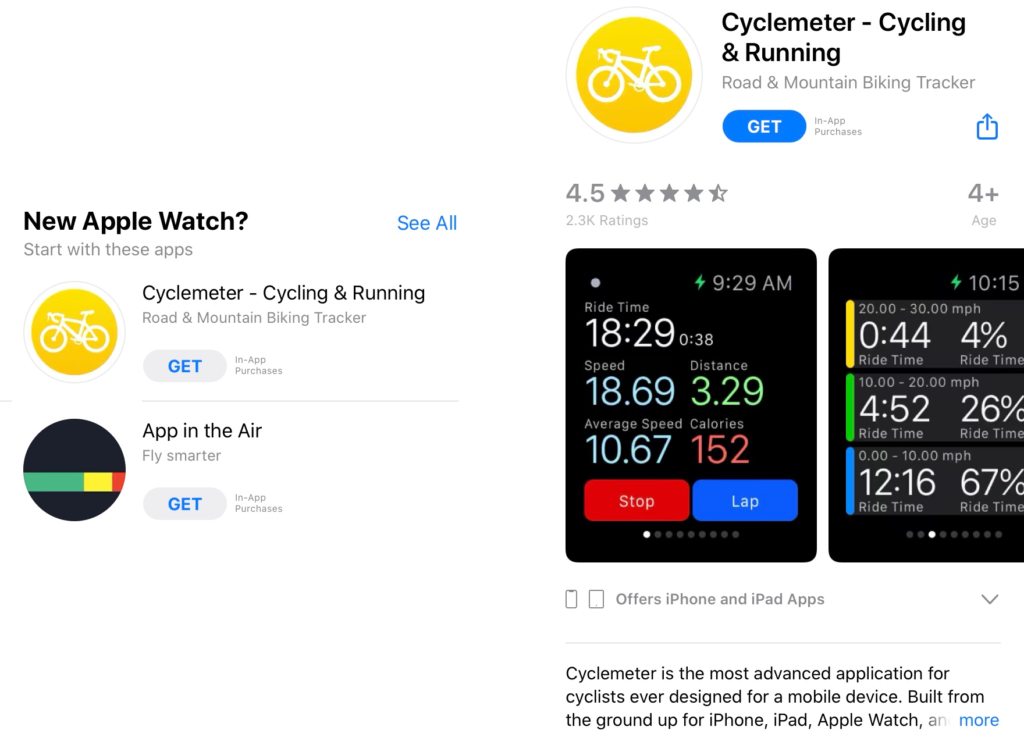 Cyclemeter uploads app screenshots specifically for Apple Watch