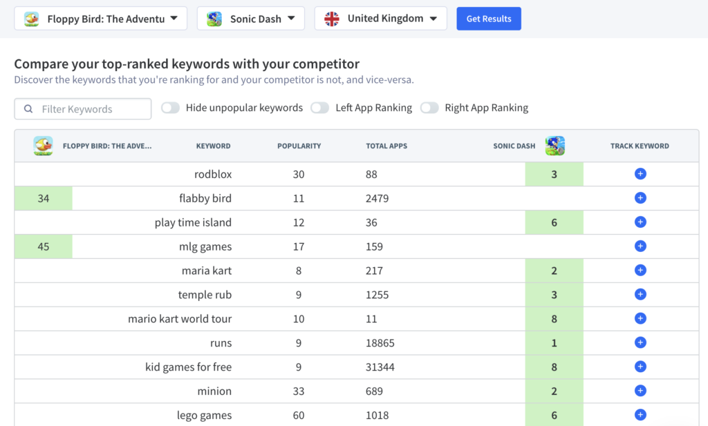 Use Shared Keywords to find app keywords that your competitors are ranking for in the App Radar app store optimization tool