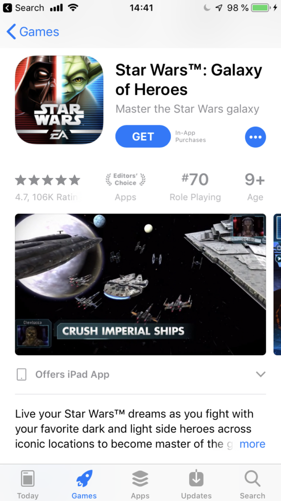 Star Wars Galaxy of Heroes game app collects positive ratings and a large amount of reviews. Apps and mobile games that have both positive ratings and a large number of them, will get more organic installs. 